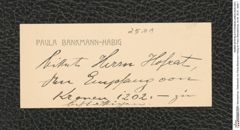 Nachlass Franz Steindachner, Visitenkarte von Paula Bankmann-Habig an Franz Steindachner, Inv.Nr. 25.01, Seite 1